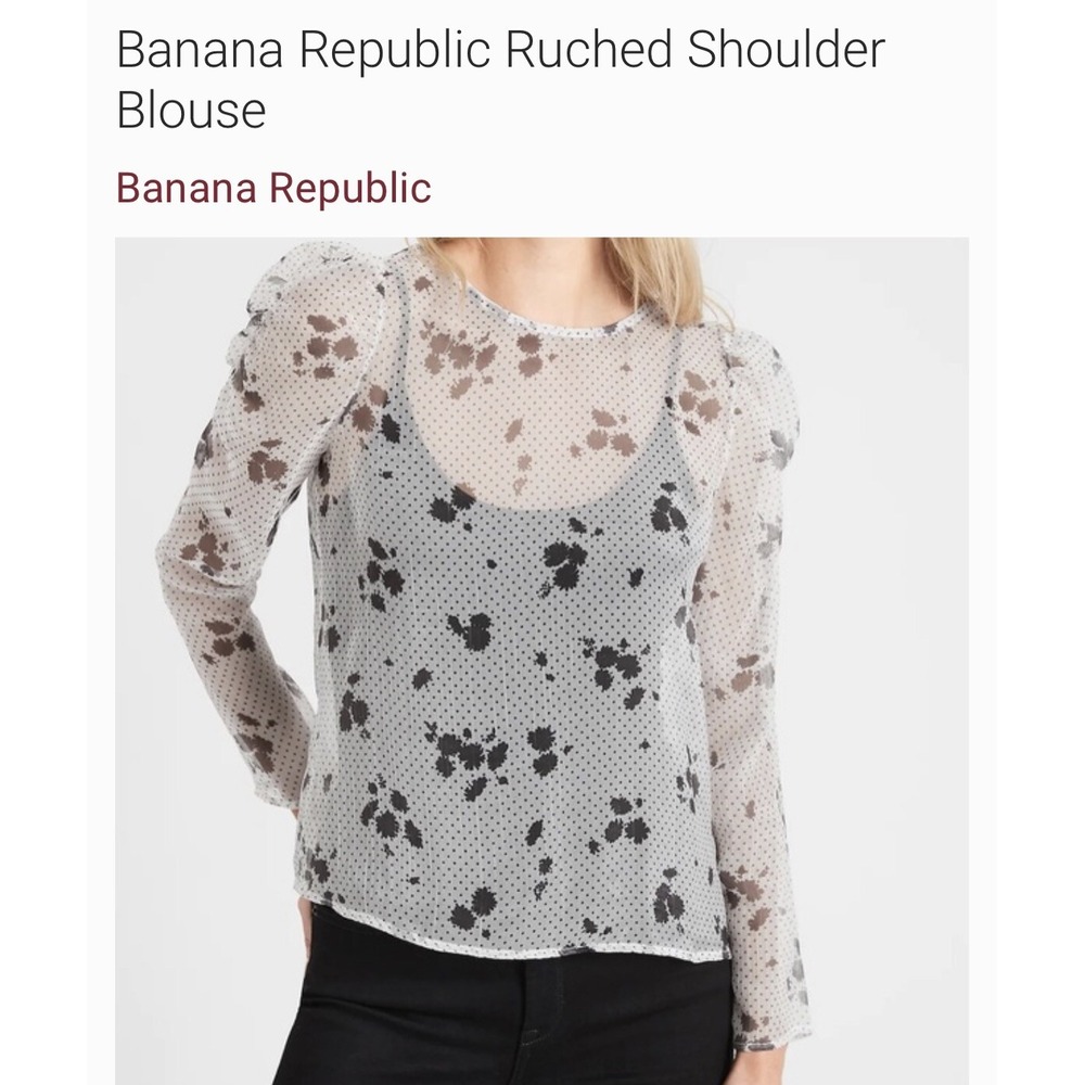 Banana Republic Blouse Size S Long Ruched Sleeve See Thur Black White Floral - Picture 4 of 10